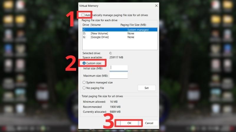 Chọn Custom size v&agrave; nhập dung lượng RAM ảo