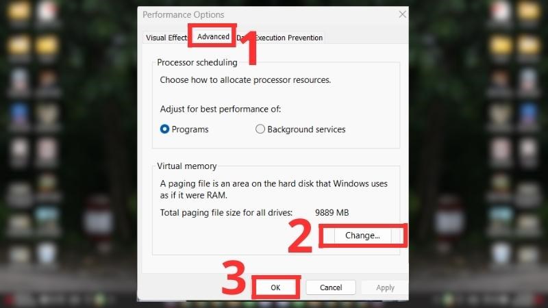 Tại tab Advanced, click v&agrave;o Change v&agrave; nhấn OK