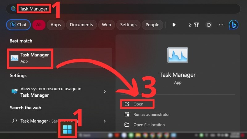 Bạn nhấn v&agrave;o biểu tượng Windows, nhập v&agrave;o thanh t&igrave;m kiếm từ kh&oacute;a Task Manager