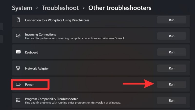 Tiếp tục nhấn chọn Power
