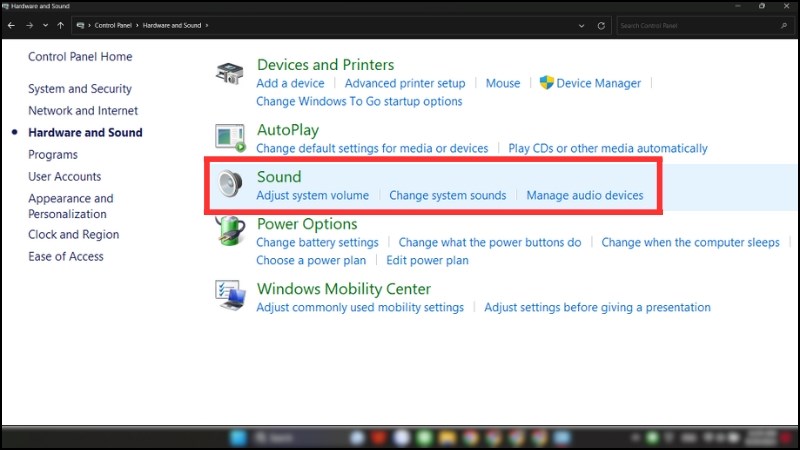 Nhấn chọn Sound tại giao diện mục Hardware and Sound