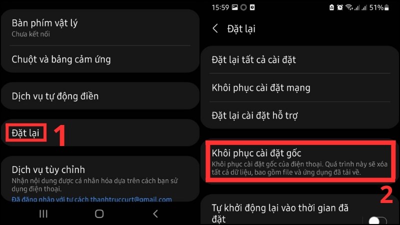 Chọn Đặt lại > Chọn Khôi phục cài đặt gốc