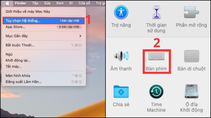 Vào biểu tượng Apple > Chọn Tùy chọn hệ thống > Nhấn chọn Bàn phím