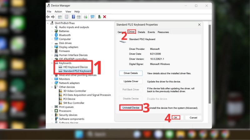 Keyboard > Properties > Driver > Uninstall Device > OK