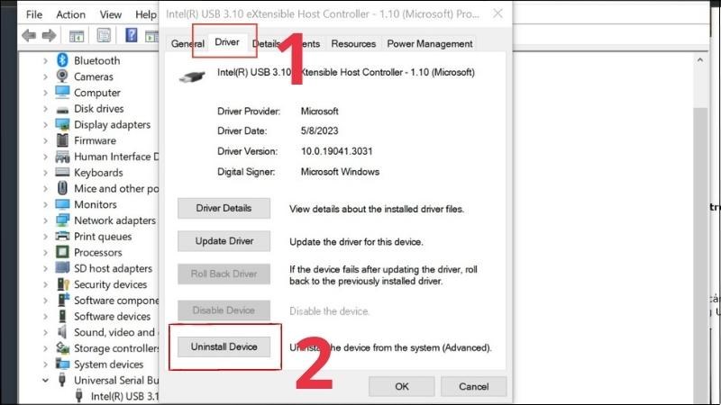 Vào tab Driver > Chọn Uninstall Device