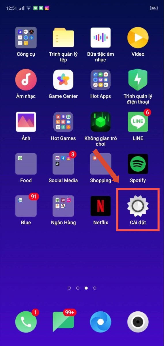Đầu ti&ecirc;n, bạn h&atilde;y click v&agrave;o mục c&agrave;i C&agrave;i đặt tr&ecirc;n điện thoại