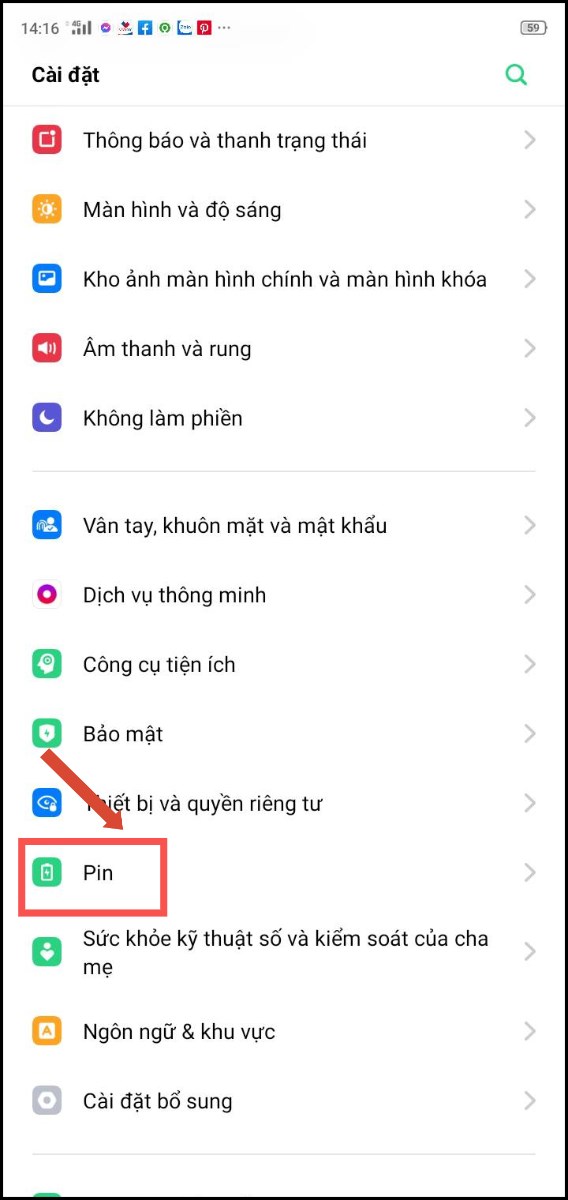 Sau đ&oacute;, nhấp v&agrave;o mục Pin như tr&ecirc;n m&agrave;n h&igrave;nh
