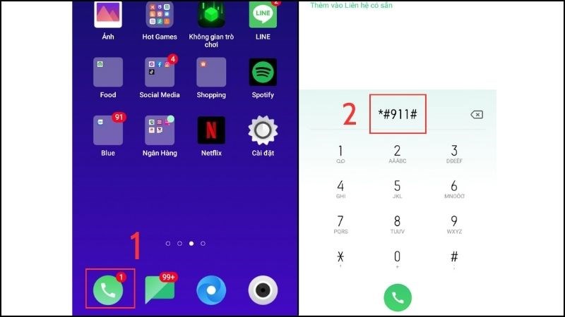 V&agrave;o mục Điện thoại > Nhập *#911#
