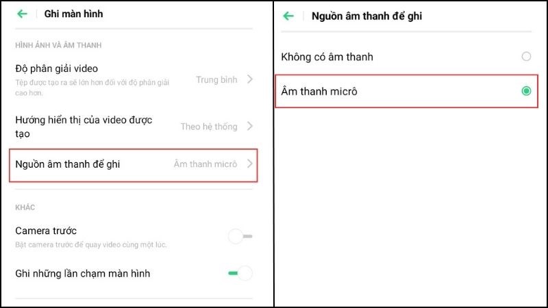 Chọn Nguồn &acirc;m thanh để ghi trong Ghi m&agrave;n h&igrave;nh > Nhấn chọn &Acirc;m thanh micro