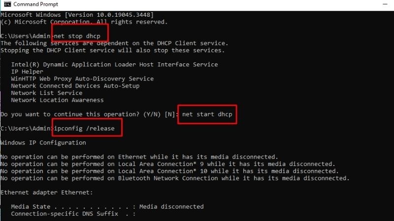 Các câu lệnh cần nhập trong hộp thoại của Command Prompt