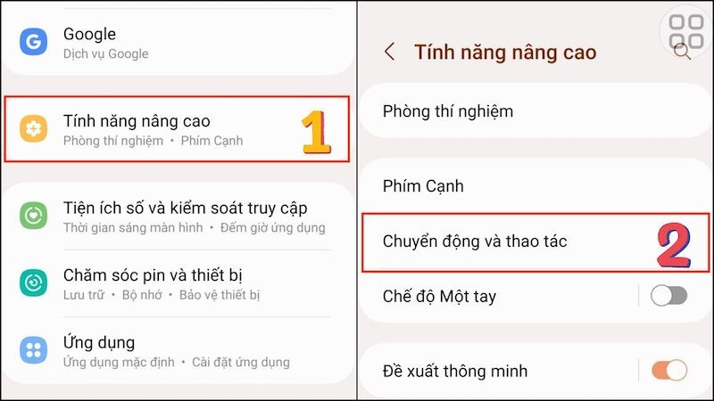 V&agrave;o t&iacute;nh năng n&acirc;ng cao v&agrave; chọn chuyển động v&agrave; thao t&aacute;c