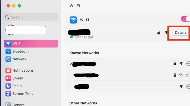 Chọn Wifi > Nhấn tiếp v&agrave;o Advanced (N&acirc;ng cao) hoặc Detail (Chi tiết)