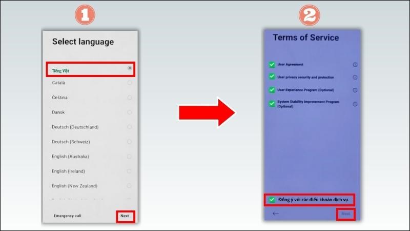 Chọn ng&ocirc;n ngữ Tiếng Việt v&agrave; đồng &yacute; với điều khoản dịch vụ