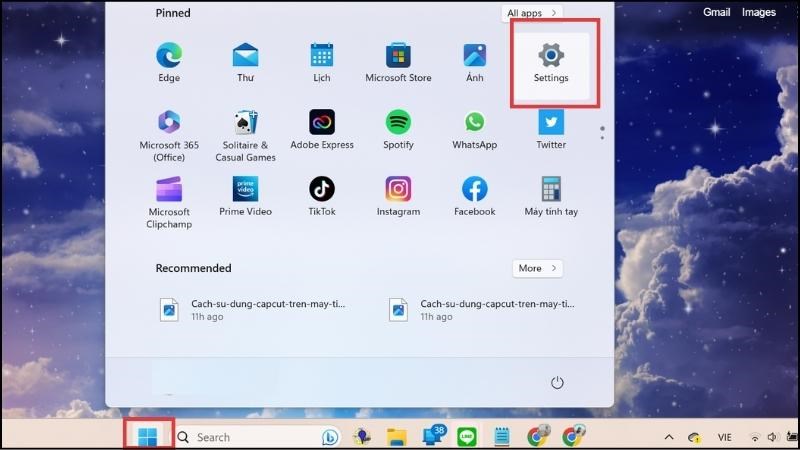 Vào Start Menu, tìm Settings