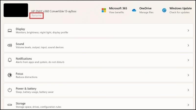 Chọn Rename ở ngay bên dưới tên PC để đổi tên Account win 11