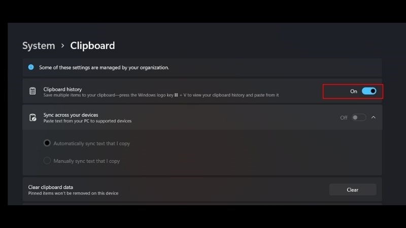Chọn On trong mục Clipboard history để kích hoạt xem lịch sử sao chép