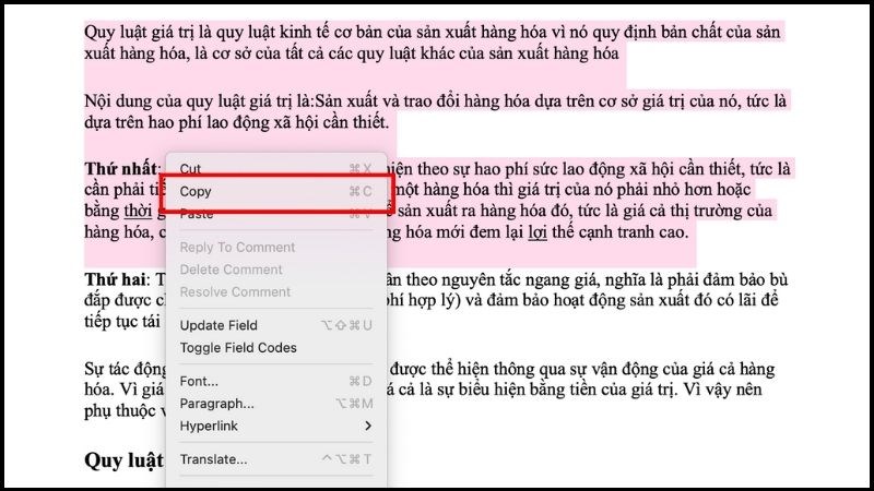 Bấm lựa chọn Copy (Sao chép) nhằm sao chép văn phiên bản vừa phải chọn