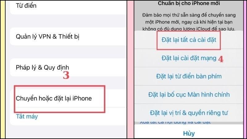 Tiếp theo chọn Chuyển hoặc đặt lại iPhone > Chọn Đặt lại tất cả cài đặt.