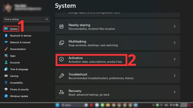 Chọn System và nhấp vào Activation