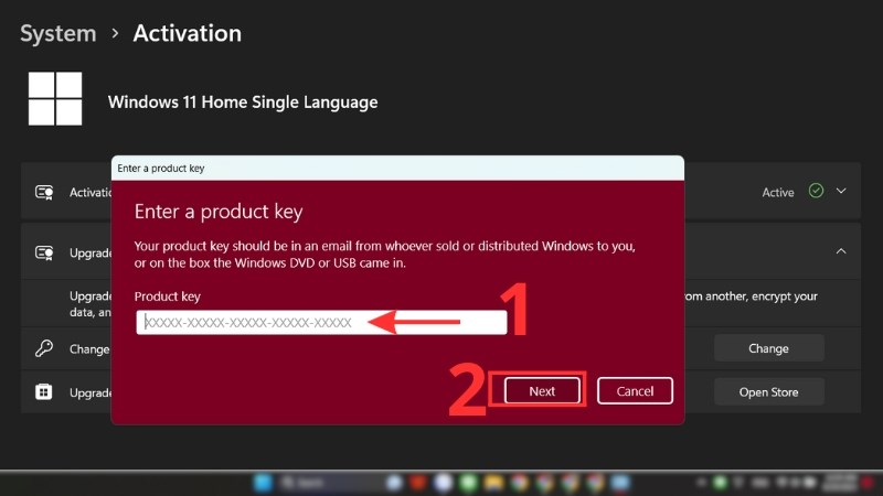 Sau khi nhập key, nhấn Next hoặc Activate