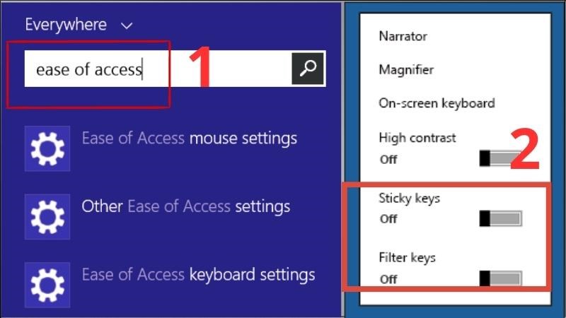 Nhập Ease of Access > Tắt Sticky v&agrave; Filter tại mục Useful Keys