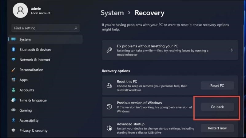 Chọn phi&ecirc;n bản gần nhất của hệ điều h&agrave;nh v&agrave; nhấn Go back