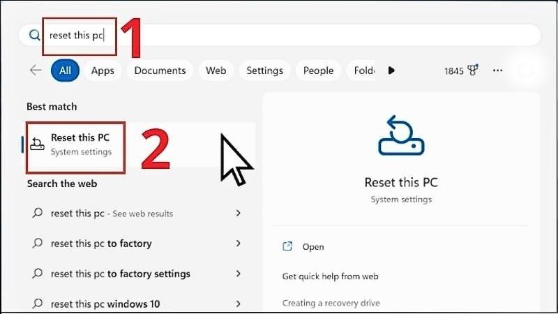 Nhập reset this pc v&agrave;o thanh t&igrave;m kiếm > Chọn Reset This PC