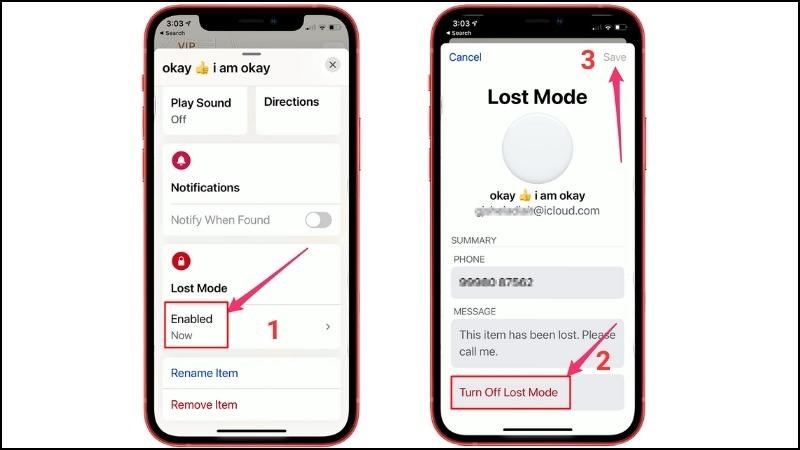 Chạm vào Tắt Chế độ mất (Turn off Lost Mode) > Lưu (Save) là xong 