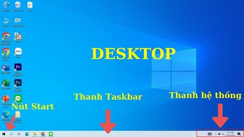 Cửa sổ Desktop: Là màn hình chính hiển thị đầu tiên khi mở máy với những yếu tố cơ bản như cửa sổ Start, thanh Taskbar, khay hệ thống