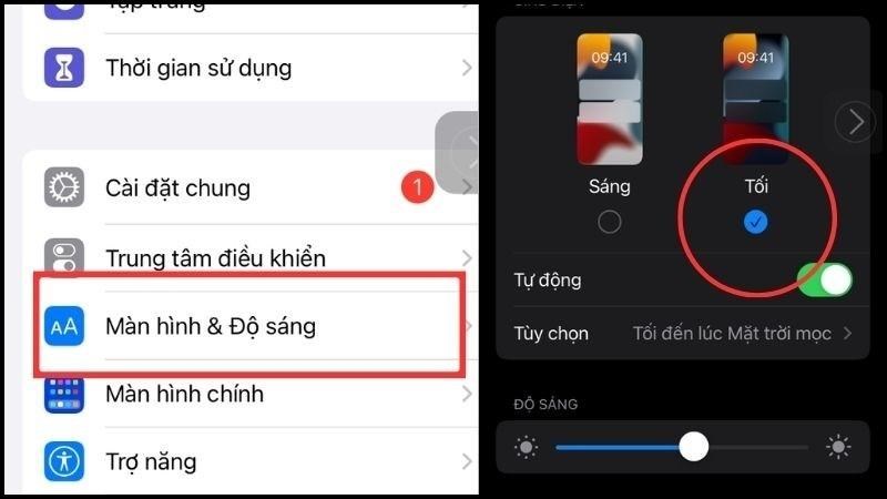 Vào Cài đặt > Màn hình & Độ sáng, sau đó chọn Tối Vào Cài đặt > Màn hình & Độ sáng, sau đó chọn Tối