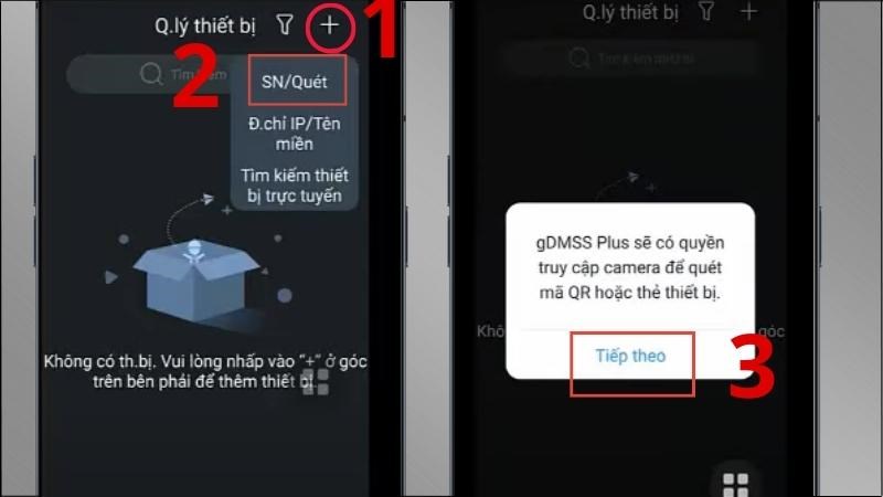 Chọn biểu tượng dấu cộng > Chọn SN/Qu&eacute;t > Chọn Tiếp theo