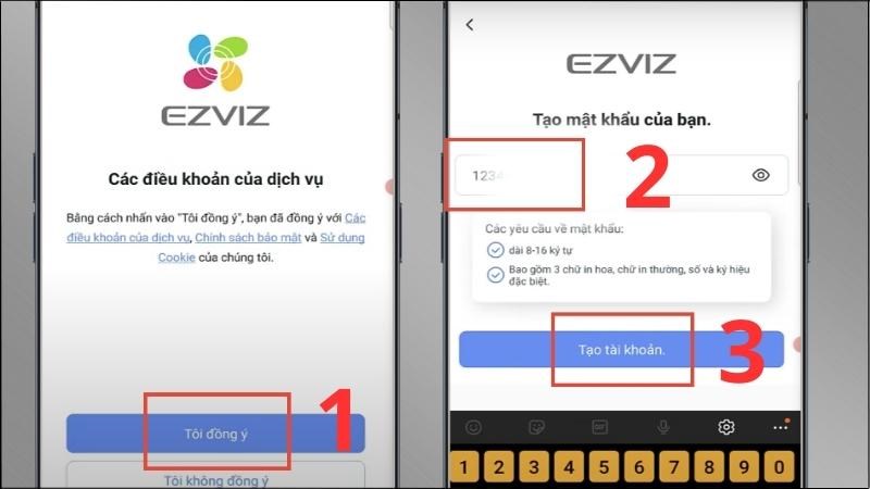 Chọn T&ocirc;i đồng &yacute; > Nhập mật khẩu muốn tạo > Chọn Tạo t&agrave;i khoản