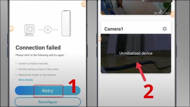 Chọn Retry > Chọn m&agrave;n h&igrave;nh camera 