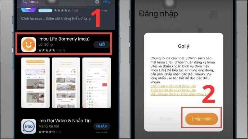 Tải ứng dụng Imou tại App Store > Mở ứng dụng > Chọn Chấp nhận