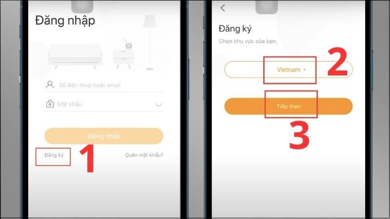 Chọn Đăng ký > Chọn mã vùng Vietnam > Chọn Tiếp theo