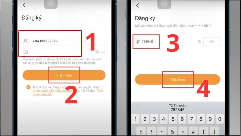 Nhập số điện thoại và mật khẩu > Chọn Tiếp theo > Nhập mã OTP