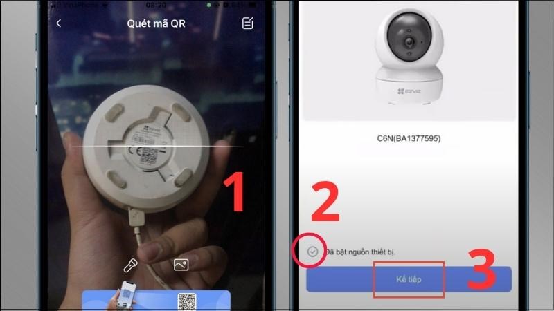 Quét mã QR dưới đáy camera > Click chọn Đã bật nguồn thiết bị > Chọn Kế tiếp