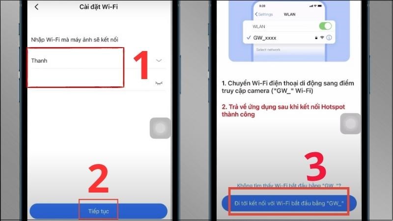 Chọn và nhập mật khẩu wifi > Chọn Đi tới kết nối với Wi-Fi bắt đầu bằng GW_