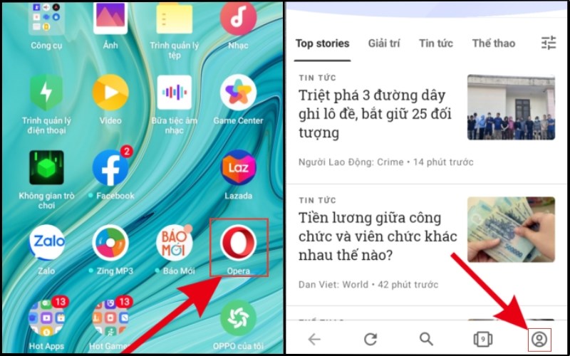 Mở ứng dụng Opera > Chọn mục Cá nhân
