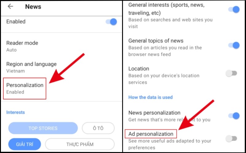 Chọn Personalization > Tắt Ad personalization