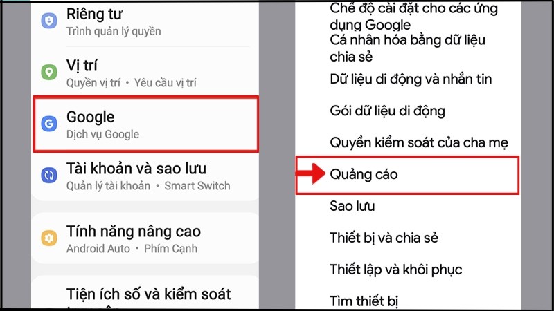 Trên cài đặt OPPO tìm chọn quảng cáo