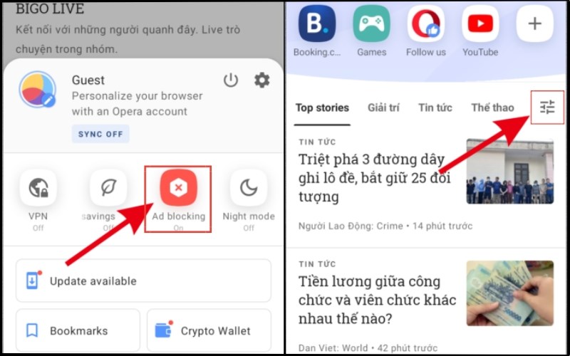 Bật Ad blocking > Chọn icon 3 gạch