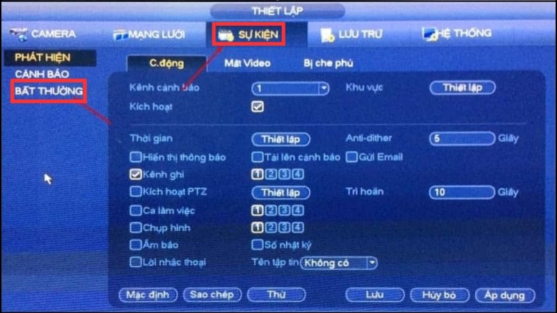 z Chọn tiếp vào mục Sự kiện bất thường