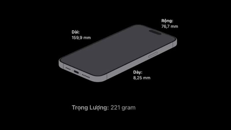 iPhone 15 Pro Max có kích thước máy là 159.9 x 76.7 x 8.25mm, 6.7 inch