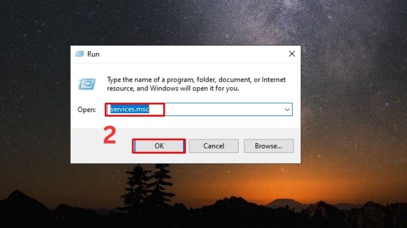 Nhập câu lệnh services.msc rồi chọn OK