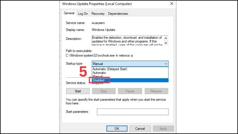 Chọn Disabled trong menu xổ xuống ở Startup type
