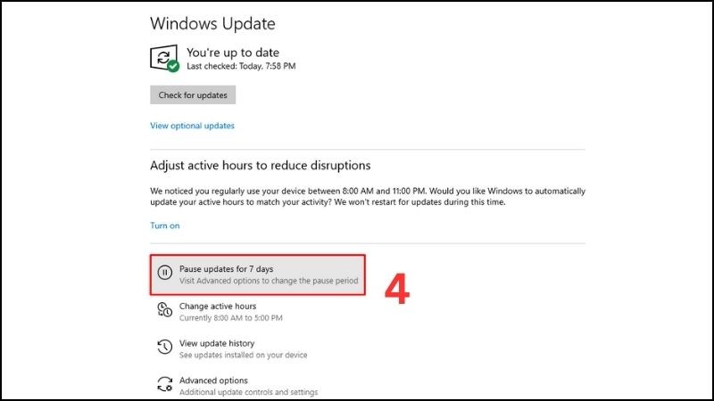 Nhấn vào Pause updates for 7 days