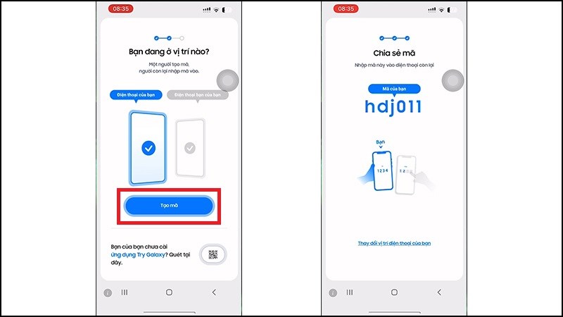 Chọn vị tr&iacute;, tạo m&atilde; v&agrave; nhập m&atilde; tr&ecirc;n thiết bị c&ograve;n lại