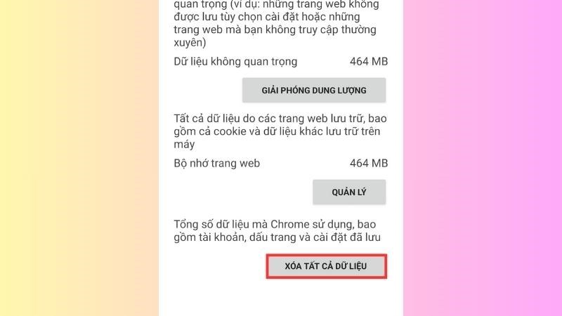 Chọn X&Oacute;A TẤT CẢ DỮ LIỆU của Chrome