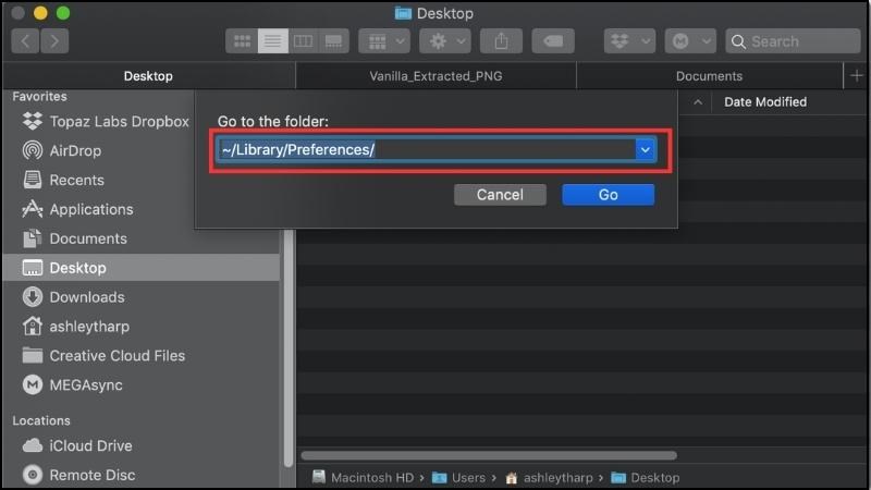 Gõ dòng chữ ~/Library/Preferences > Nhấn Go 